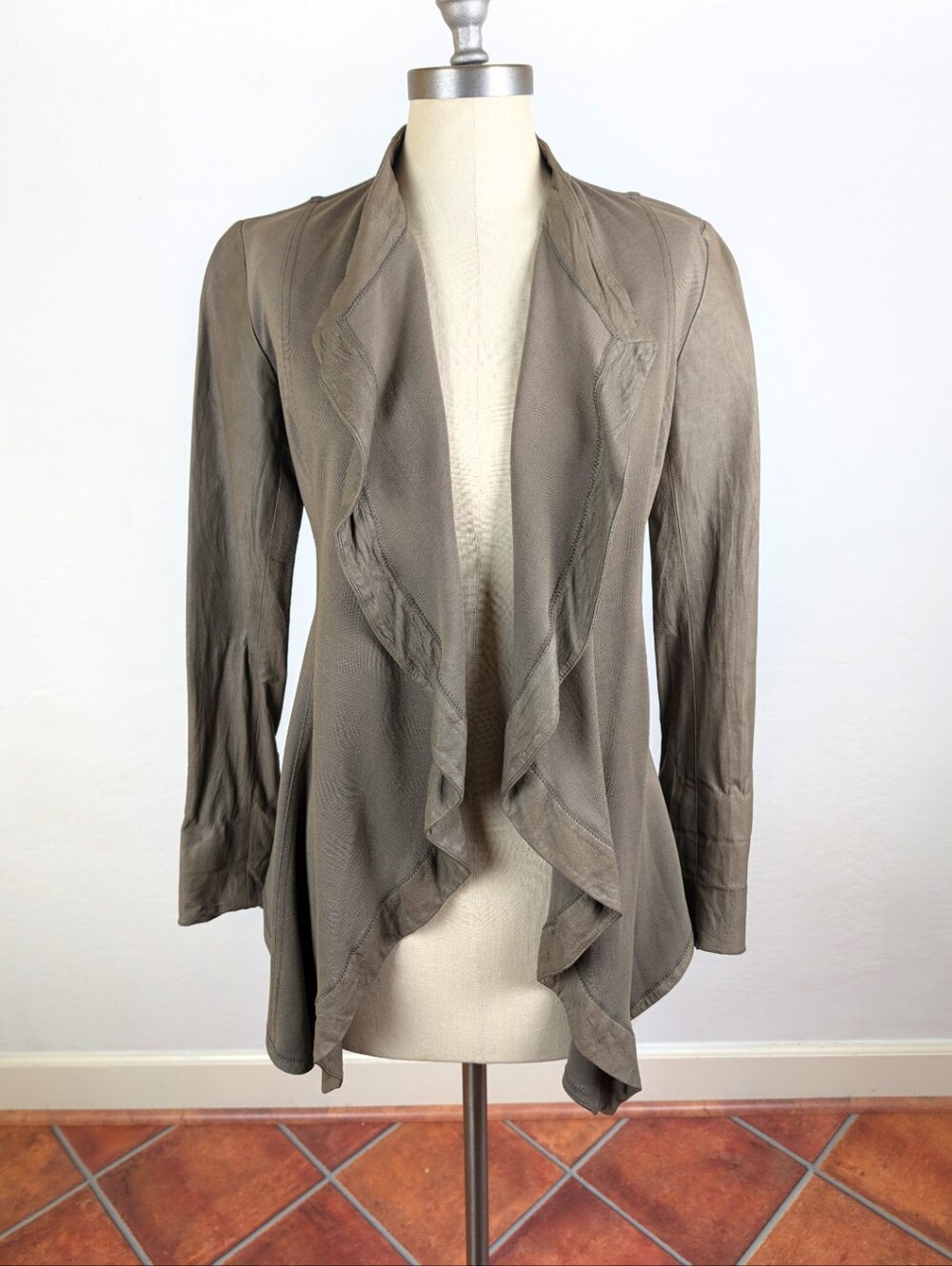 Illia Leather Draped Open-Front Jacket - Taupe